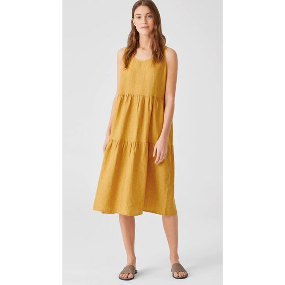 Eileen Fisher Washed Organic Linen Delave Tiered Midi Dress Women’s Size XL - Picture 1 of 11